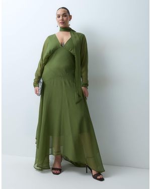 ASOS Asos Design Curve Batwing Maxi Dress With Asymmetric Full Skirt And Scarf - Green