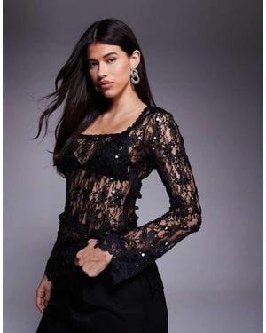 ASOS Delicate Lace Embellished Square Neck Long Line Top - Black