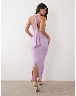 ASOS Mesh Twist Bust Detail Halter Maxi Dress With Tie Back Neck - Purple
