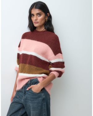 Jdy Strukturierter strickpullover mit überschnittenen schultern und - sowie burgunderroten streifen