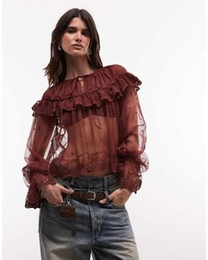 AllSaints Top De Encaje Con Volantes Y Manga Larga Trixie Del Conjunto En Burdeos-Rojo