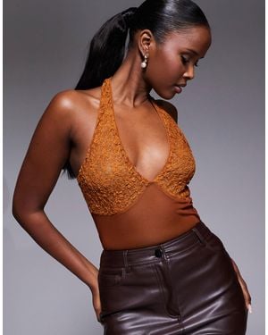 ASOS – neckholder-body aus netzstoff und spitze - Braun