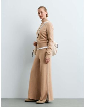 Oysho Wide-Leg Knit Trousers With Piping And Splits - White