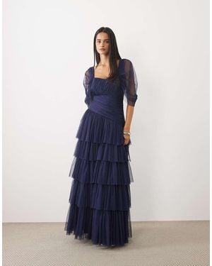 LACE & BEADS Tulle Fallen Shoulder Asymmetric Ruffle Detail Maxi Dress - Blue