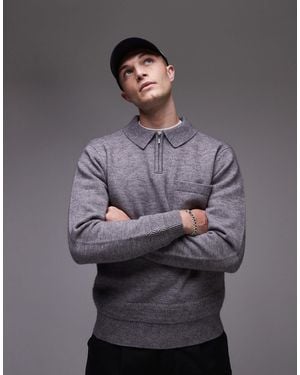 TOPMAN Knitted Zip Polo - Gray