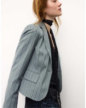 Stradivarius Striped Cropped Blazer - Blue