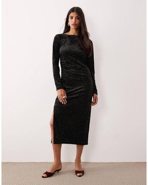 Y.A.S Ruched Detail Velvet Midi Dress - Black