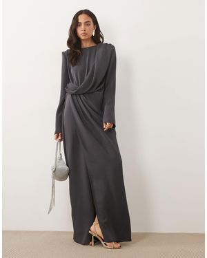 ASOS Long Sleeve Shoulder Pad Draped Waist Detail Maxi Dress - Gray