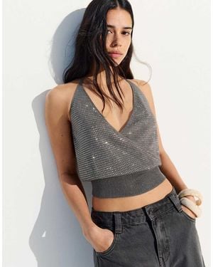 Bershka Shimmery Halter Top - Grey