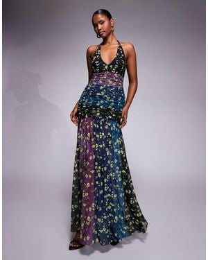 AFRM Melissa Mesh Halter Neck Ruched Drop Waist Maxi Dress - Blue