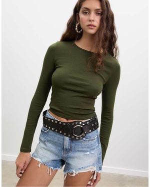 Stradivarius Basic Long Sleeve Cotton T-Shirt - Green