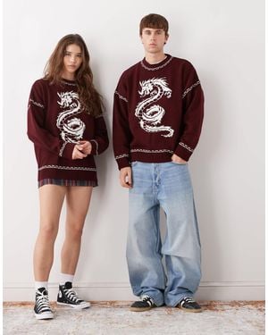 Collusion Pull unisexe en maille avec motif dragon - bordeaux - Rouge