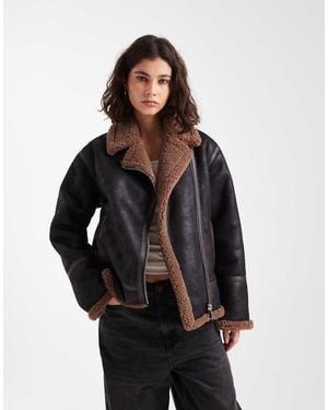 French Connection Chaqueta Biker Marrón Y Negra De Antelina Con Forro De Borreguito De -Negro