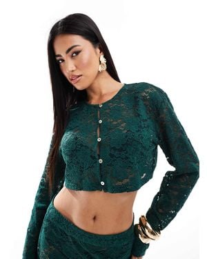 Aria Cove Exclusive Lace Button Through Long Sleeve Top Co-ord - Green