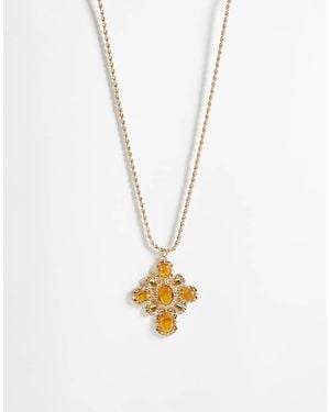 Reclaimed Vintage Stone Cross Necklace With Tonal Stone - Metallic