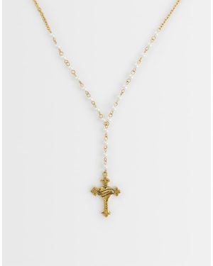 Ed Hardy Los Angeles Cross Pendant Pearl Necklace - White