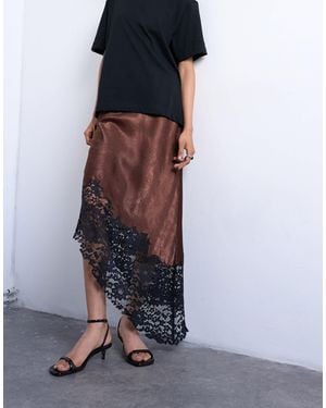 TOPSHOP Satin Asymmetric Lace Hem Maxi Skirt - Brown