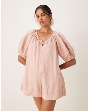 ASOS Soft Denim Playsuit With Balloon Sleeves - Pink