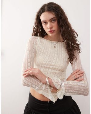 Motel Malakai Asymmetric Long Sleeve Lace Top - Natural