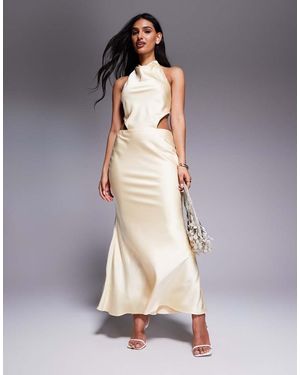Aria Cove Satin Cowl Halterneck Open Tie Back Detail Fishtail Maxi Dress - Yellow