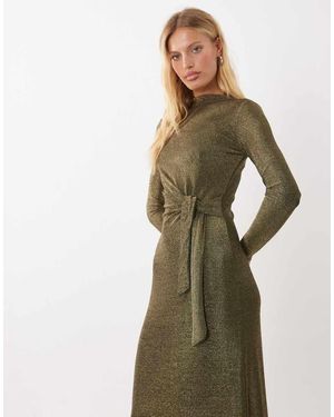 Threadbare Vestido Midi De Manga Larga Con Drapeado Y Detalle De Nudo En - Verde