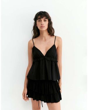 Pull&Bear Linen Blend Ruffled Top - Black