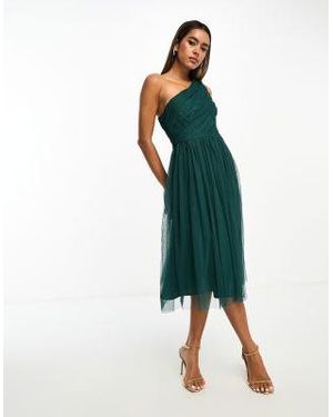ANAYA Bridesmaid Tulle One Shoulder Midi Dress - Green