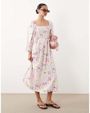 New Look Floral Shirred Midi Dress - Pink