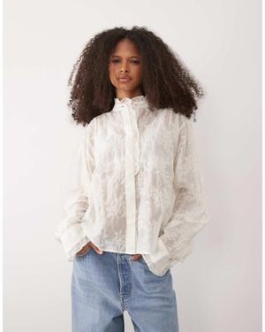 Mango High Neck Frill Detail Embroidered Blouse - Natural