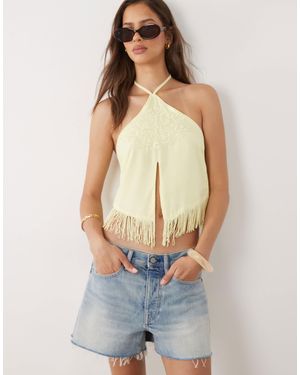 Motel Junaya Halter Fringe Top - White