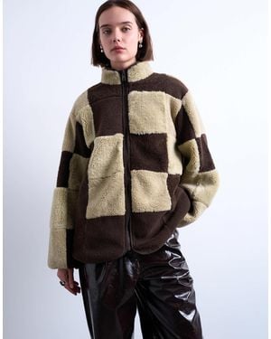 TOPSHOP Borg Checkerboard Fleece With Quilted Lining Jacket - Brown