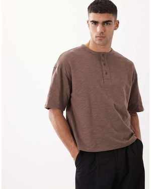 ASOS Boxy Oversized T-Shirt With Henley Neck - Brown