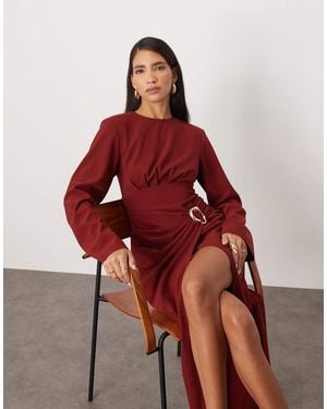 ARRANGE Long Sleeve Draped Satin Maxi Dress With Gold Hardware - Red