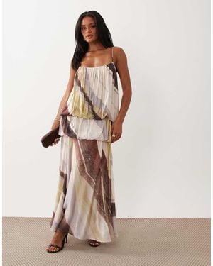 ASOS Vestito Lungo A Balze Con Spalline Sottili E Stampa Astratta - Neutro