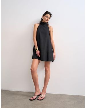 TOPSHOP Linen Rich High Neck Trapeze Dress - Black