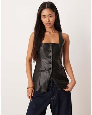 Pretty Lavish Leather Look Longline Waistcoat - Black