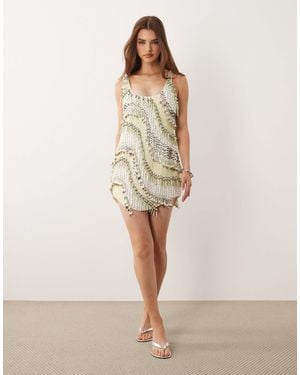 ASOS Scoop Neck Mini Dress With Shaped Hem And All Over Beaded Embellishment - Brown