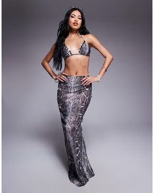 South Beach Snake Print Mesh Maxi Beach Skirt - Grey