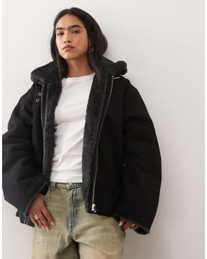 Weekday Canvas Jacket With Faux Fur Collar - Black