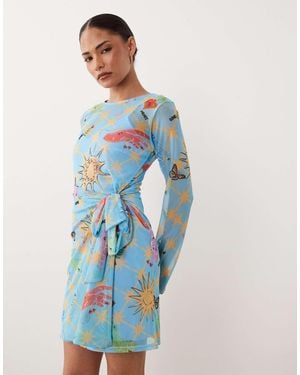 Never Fully Dressed Petite Palma Mesh Wrap Long Sleeve Mini Dress - Blue