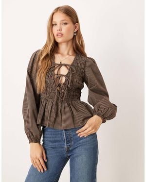 Glamorous Long Sleeve Tie Front Shirred Blouse - Brown