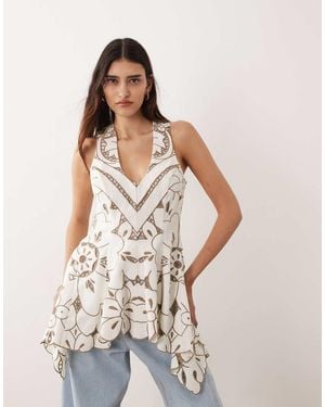 ARRANGE Cutwork Embroidered Longline Trapeze Hem Top - Natural