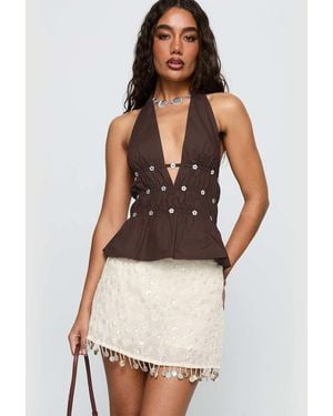 Princess Polly We Made It Floral Sequin Pearl Tassel Hem Mini Skirt - Brown