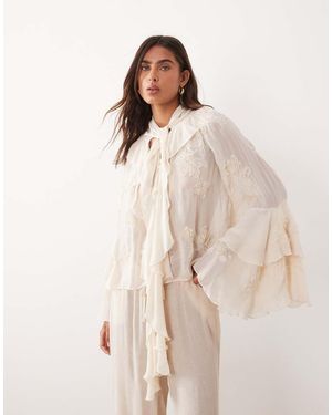 Mango Premium Ruffle Detailing Embroidered Blouse - Natural