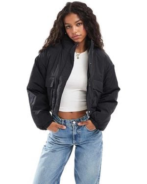 Brave Soul Funnel Neck Short Padded Jacket With Pockets - Blue