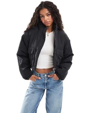 Brave Soul Funnel Neck Short Padded Jacket With Pockets - Blue