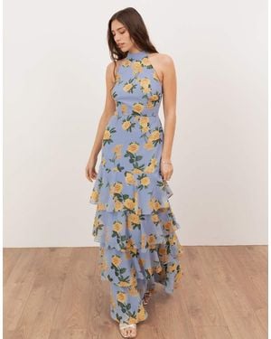 ANAYA Floral Print Halter Neck Tiered Maxi Dress - Blue