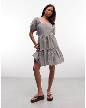Noisy May Tiered Seersucker Mini Dress With Open Tie Back - Brown