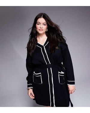 In The Style Plus Contrast Trim Belted Mini Cardigan Dress - Black