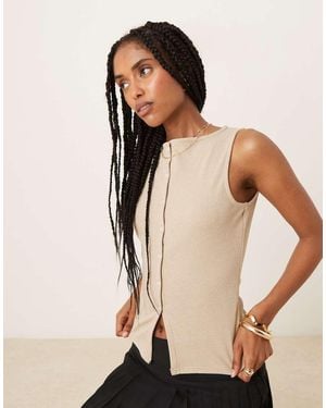 Pimkie Ribbed Sleeveless Button-down Split Front Waistcoat Top - Natural